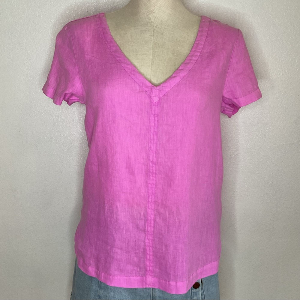 C&C California 100% Linen Pink V-Neck Short Sleeve Top